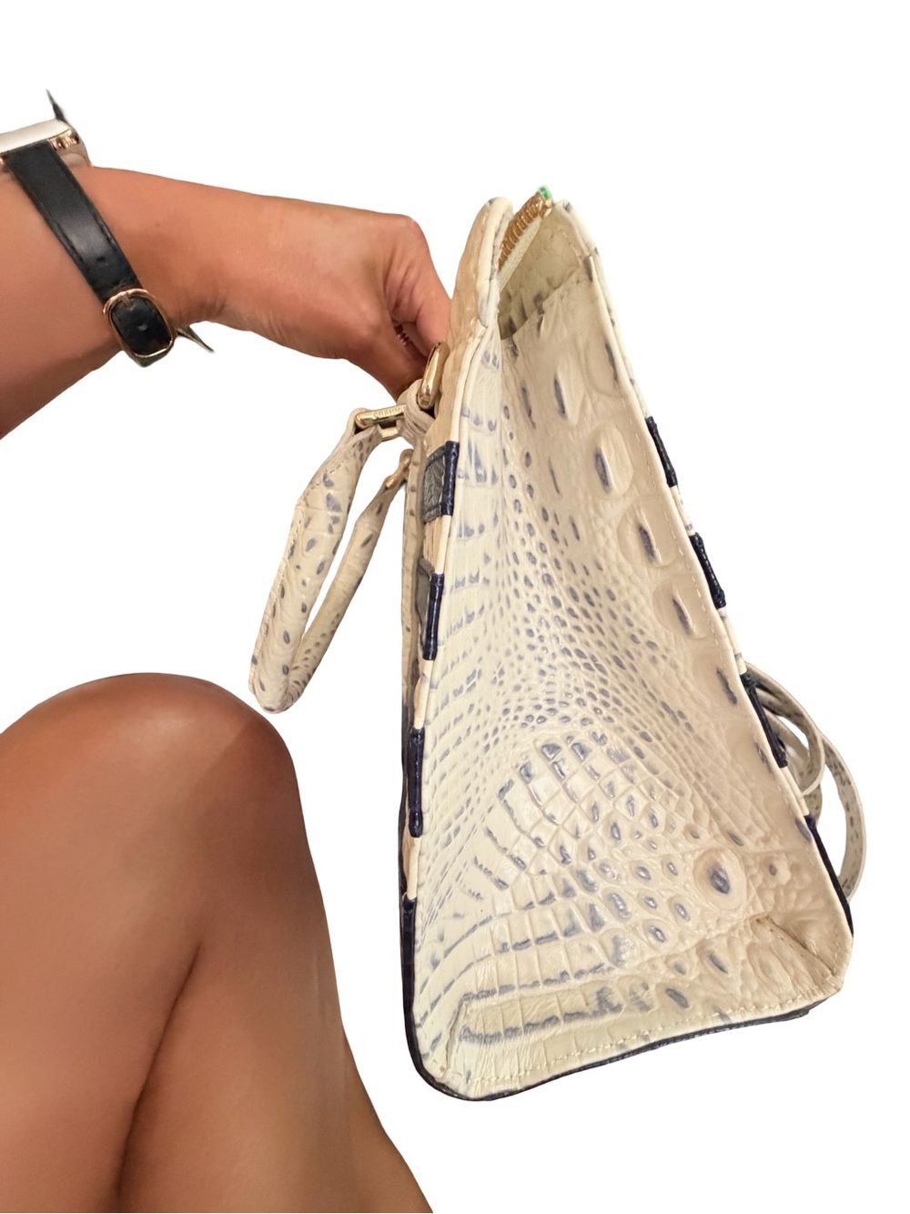 Brahmin navy & white striped melbourne croc embossed satchel + wallet set - Picture 4 of 10